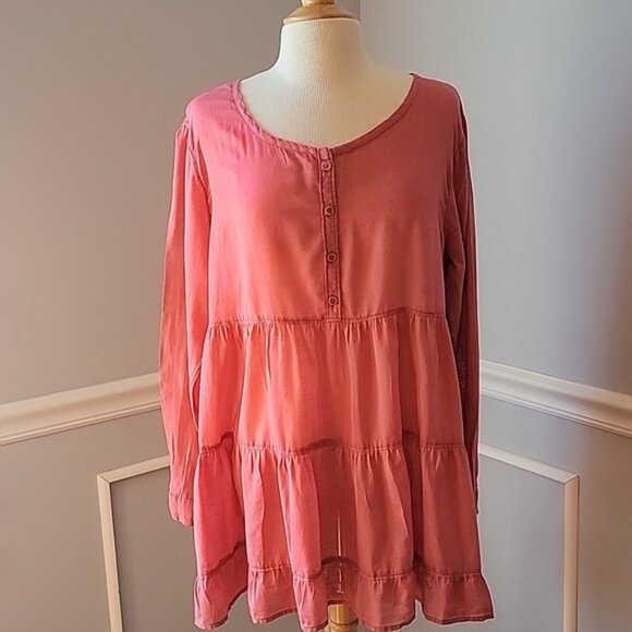 ECOTE Pink Coral Scoop Neck Half Button Down Tiered Ruffle Boho Tunic Dress Top - Picture 1 of 6